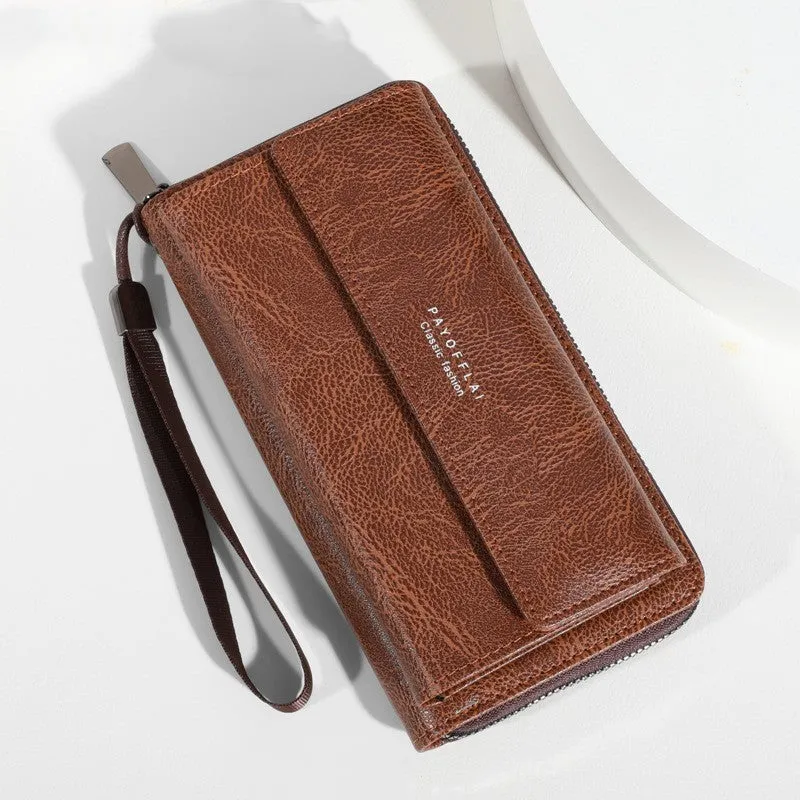 Men's black or brown PU long wallet with multiple card slots measuring 19x10.5x4cm