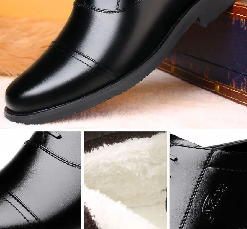 Men's winter real leather cotton shoes with fleece lining, black, rubber sole, sizes 38-44