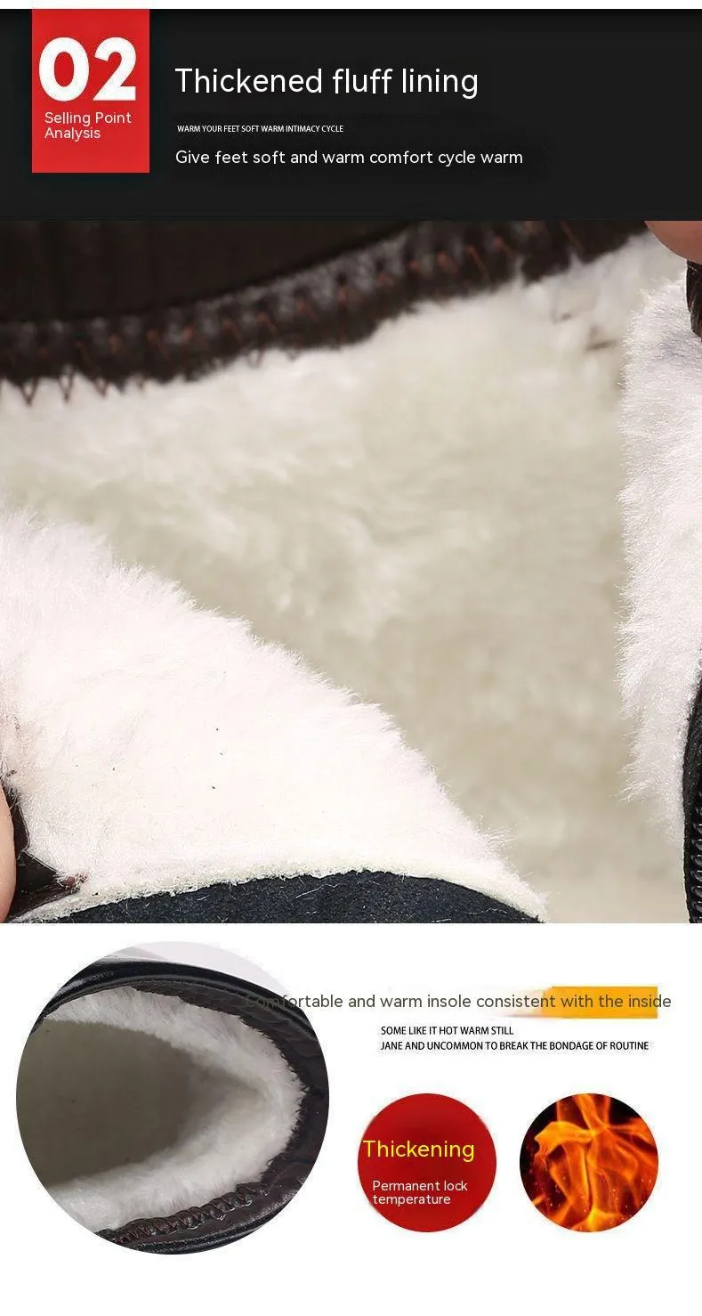 Men's winter real leather cotton shoes with fleece lining, black, rubber sole, sizes 38-44