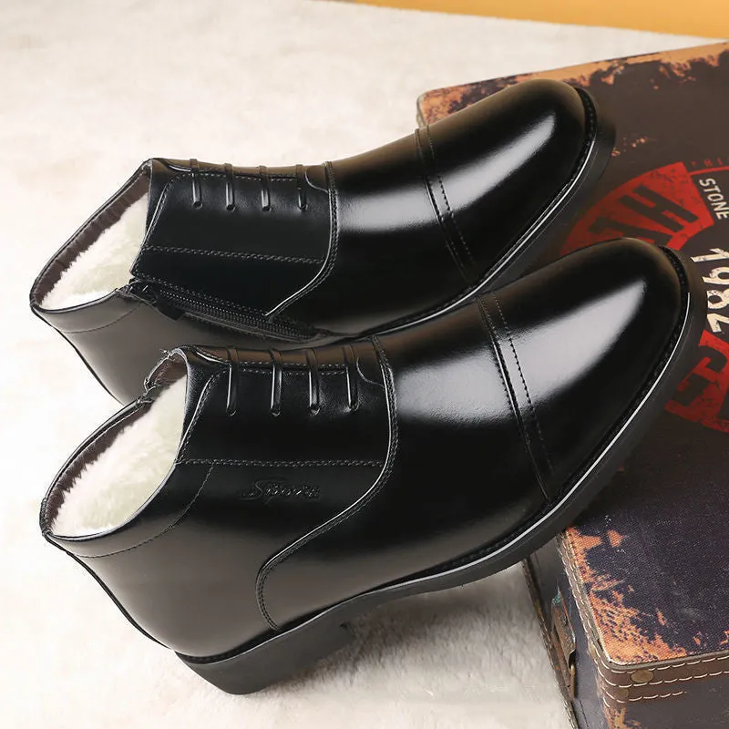 Men's winter real leather cotton shoes with fleece lining, black, rubber sole, sizes 38-44