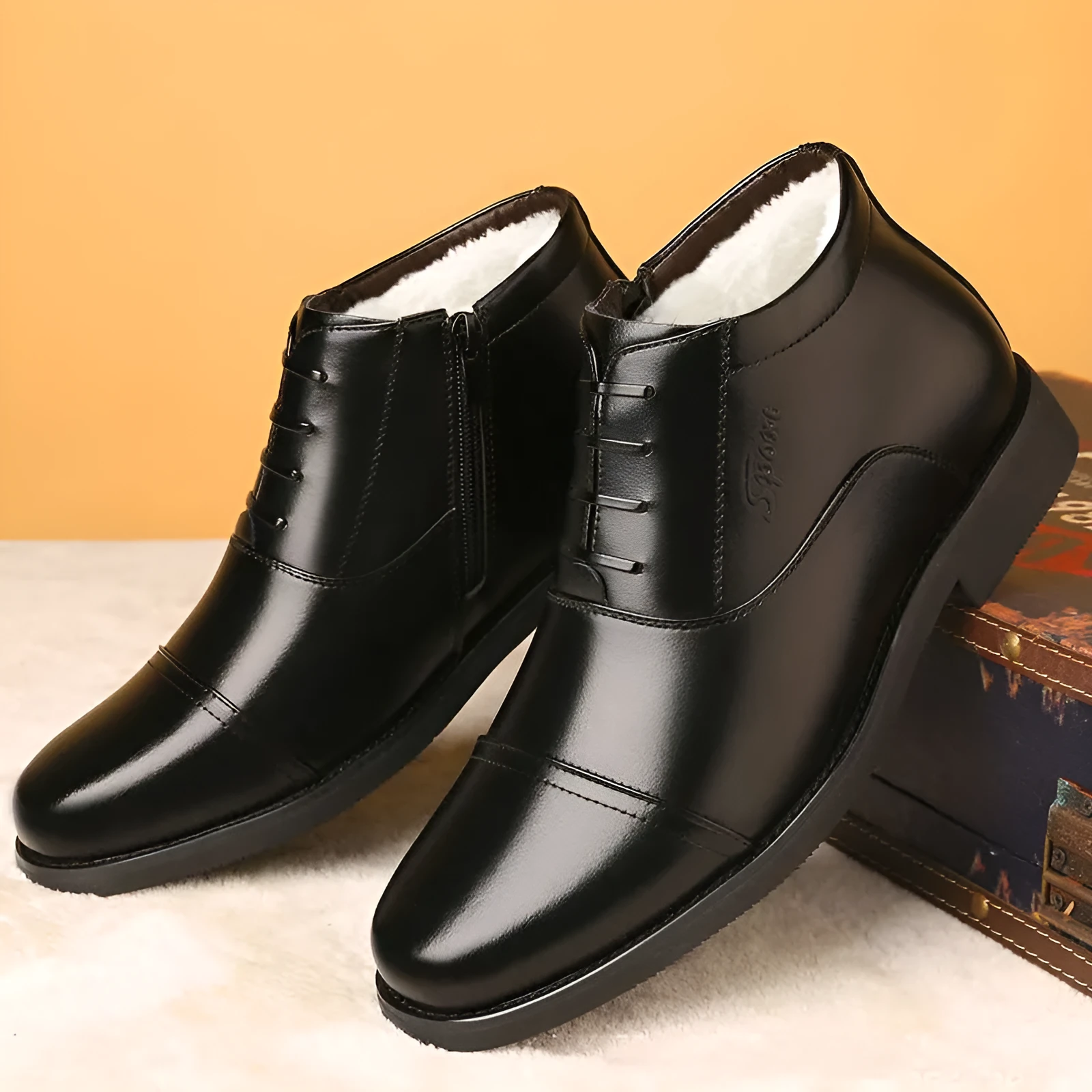 Men's winter real leather cotton shoes with fleece lining, black, rubber sole, sizes 38-44