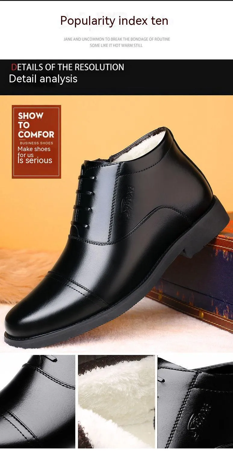 Men's winter real leather cotton shoes with fleece lining, black, rubber sole, sizes 38-44