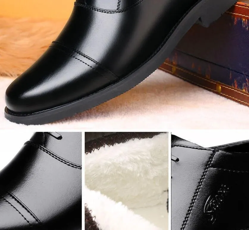 Men's winter real leather cotton shoes with fleece lining, black, rubber sole, sizes 38-44