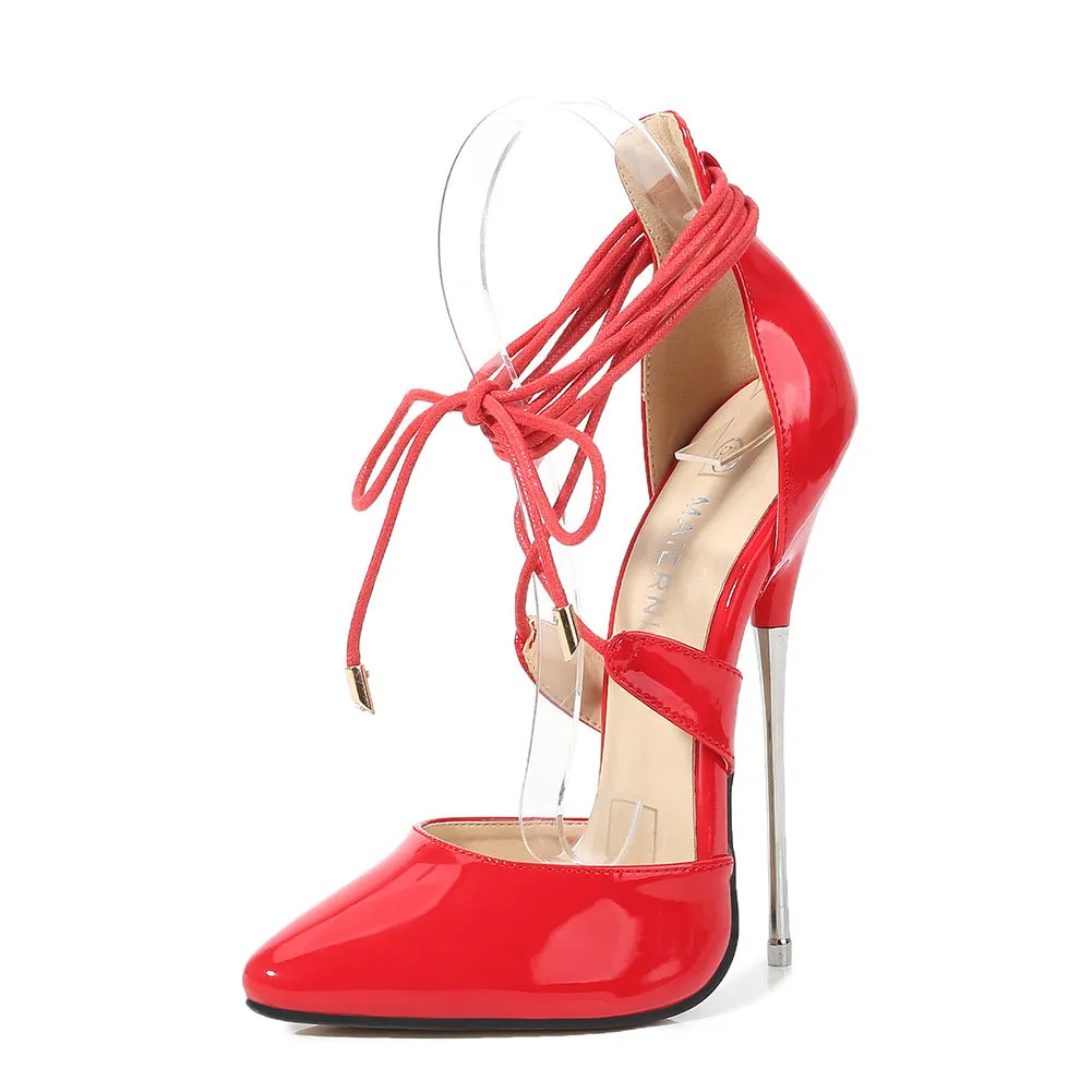 Women's lace high heels pointed toe cross strap metal detail artificial PU stiletto heels in black side view
