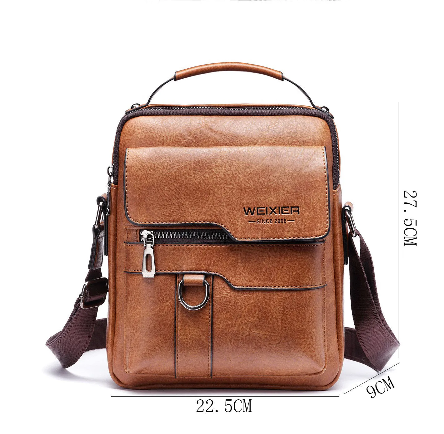 Men's retro messenger bag in black PU leather with flap closure and one-shoulder strap, displayed on a solid background