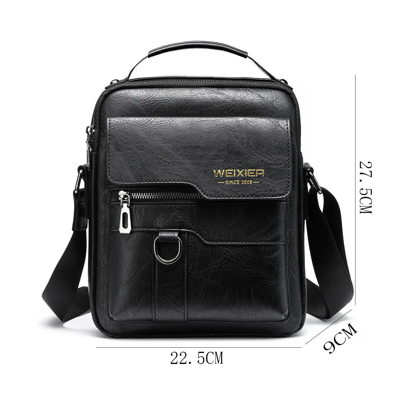 Men's retro messenger bag in black PU leather with flap closure and one-shoulder strap, displayed on a solid background