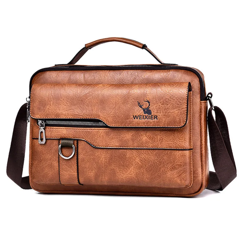 Men's retro messenger bag in black PU leather with flap closure and one-shoulder strap, displayed on a solid background