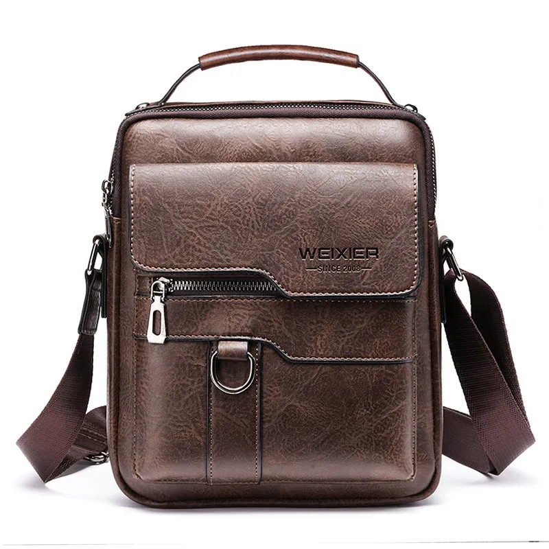 Men's retro messenger bag in black PU leather with flap closure and one-shoulder strap, displayed on a solid background