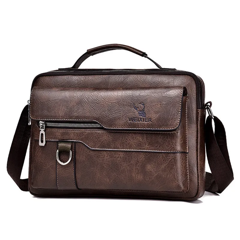 Men's retro messenger bag in black PU leather with flap closure and one-shoulder strap, displayed on a solid background