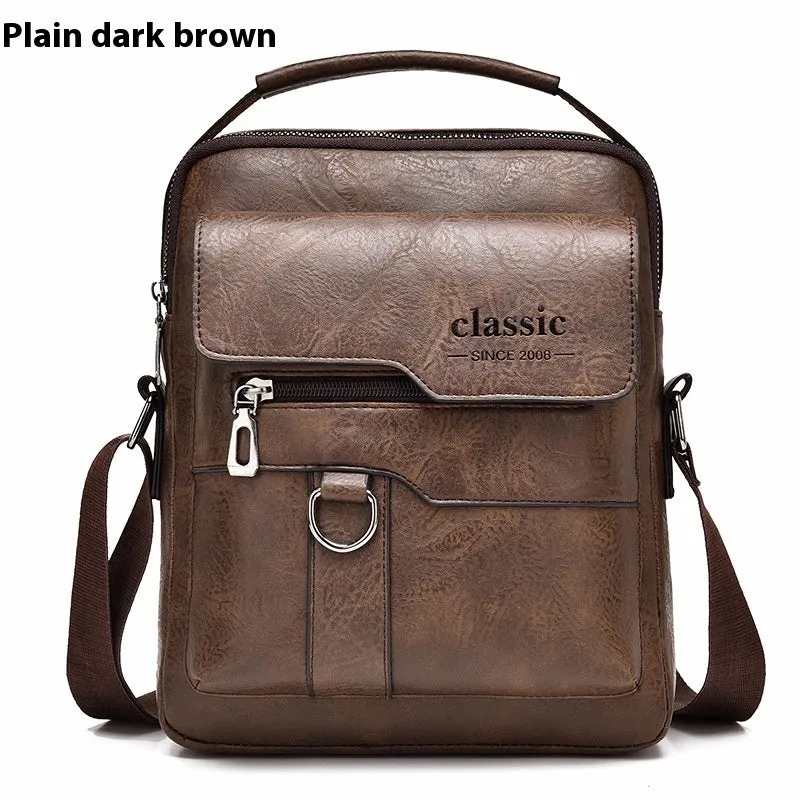 Men's retro messenger bag in black PU leather with flap closure and one-shoulder strap, displayed on a solid background