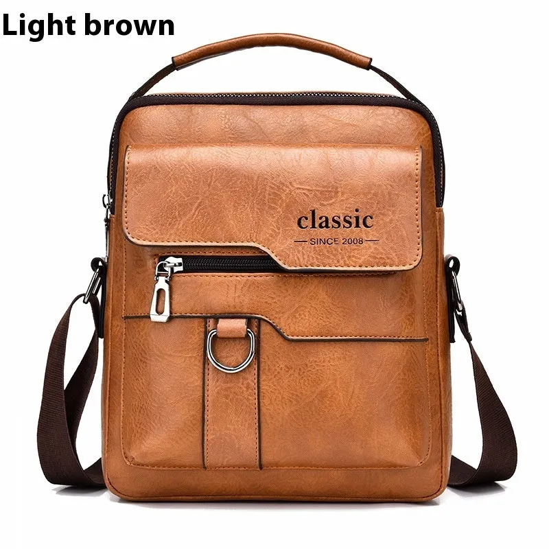 Men's retro messenger bag in black PU leather with flap closure and one-shoulder strap, displayed on a solid background