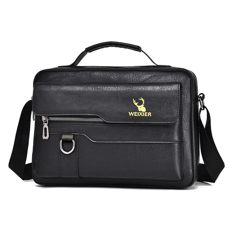 Men's retro messenger bag in black PU leather with flap closure and one-shoulder strap, displayed on a solid background
