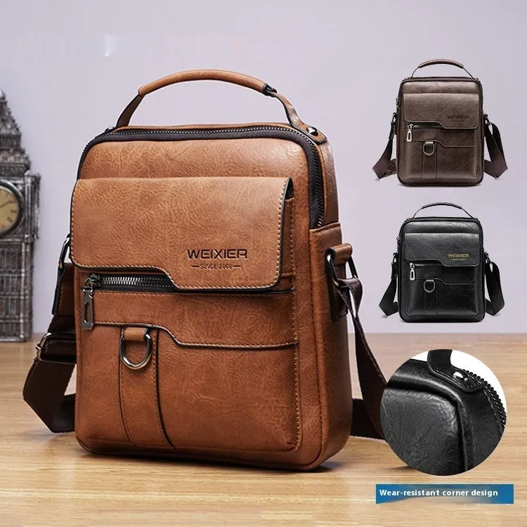 Men's retro messenger bag in black PU leather with flap closure and one-shoulder strap, displayed on a solid background