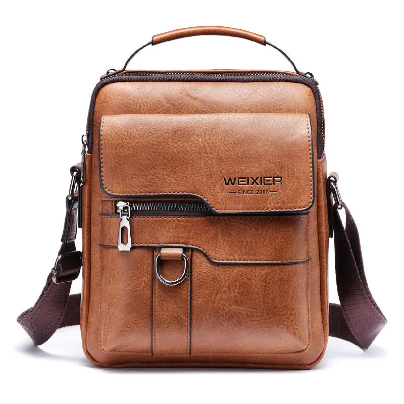Men's retro messenger bag in black PU leather with flap closure and one-shoulder strap, displayed on a solid background