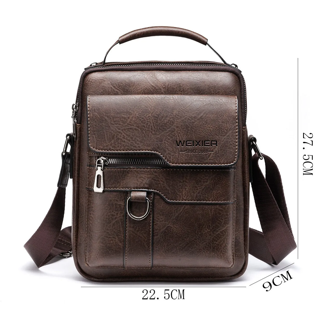 Men's retro messenger bag in black PU leather with flap closure and one-shoulder strap, displayed on a solid background