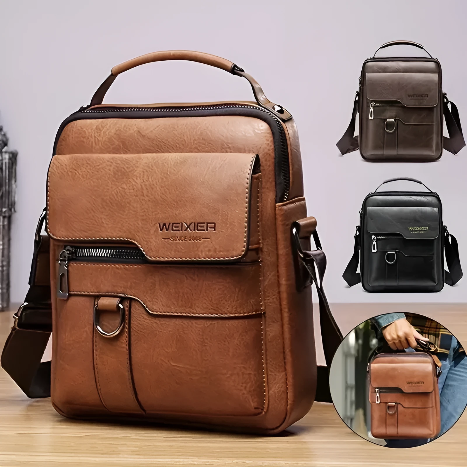 Men's retro messenger bag in black PU leather with flap closure and one-shoulder strap, displayed on a solid background