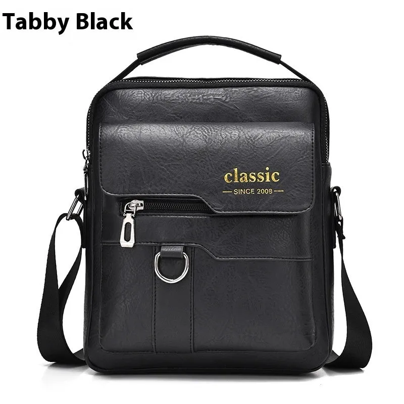 Men's retro messenger bag in black PU leather with flap closure and one-shoulder strap, displayed on a solid background