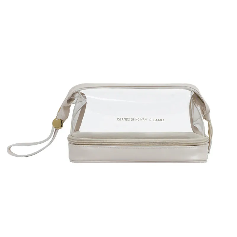 Double layer cloud transparent steel wire cosmetic bag in PU leather, with visible contents, four color options, compact size for travel