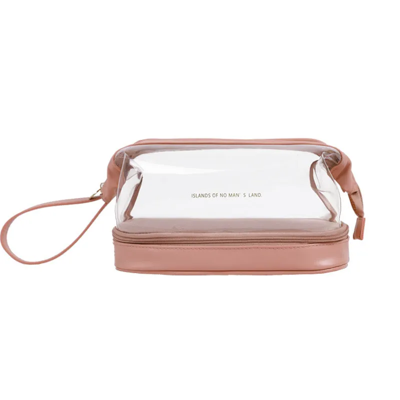 Double layer cloud transparent steel wire cosmetic bag in PU leather, with visible contents, four color options, compact size for travel