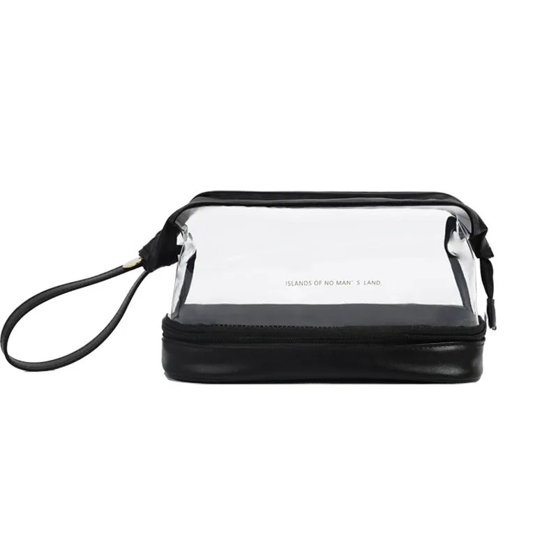 Double layer cloud transparent steel wire cosmetic bag in PU leather, with visible contents, four color options, compact size for travel