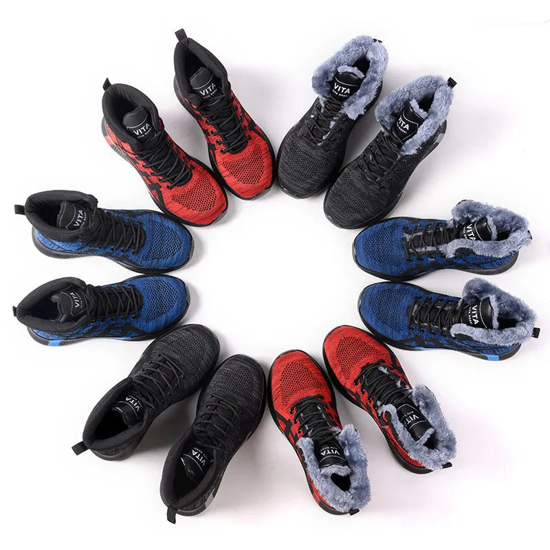 Winter plush lace-up safety boots for men with steel toe and warm lining