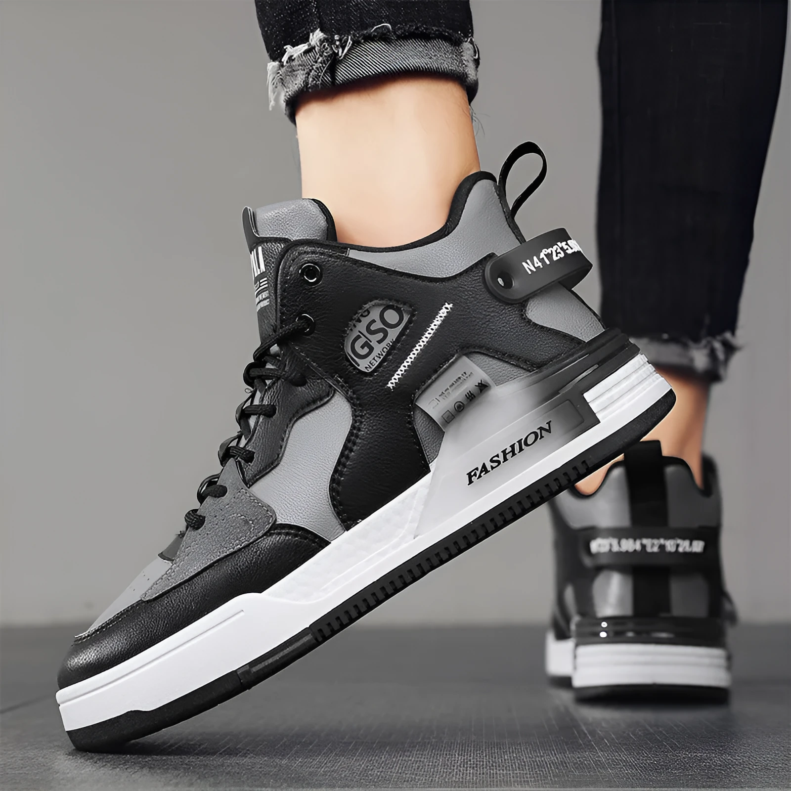 Men's canvas high-top sports casual shoes in khaki with PU upper, rubber sole, and slingback design on a white background.
