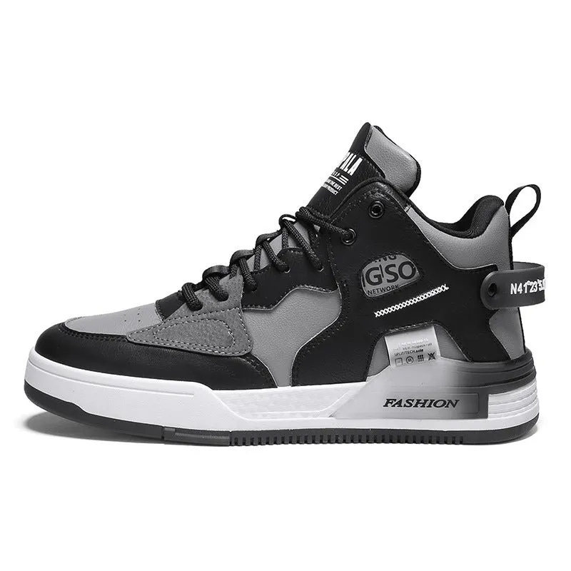 Men's canvas high-top sports casual shoes in khaki with PU upper, rubber sole, and slingback design on a white background.