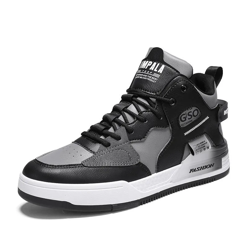 Men's canvas high-top sports casual shoes in khaki with PU upper, rubber sole, and slingback design on a white background.