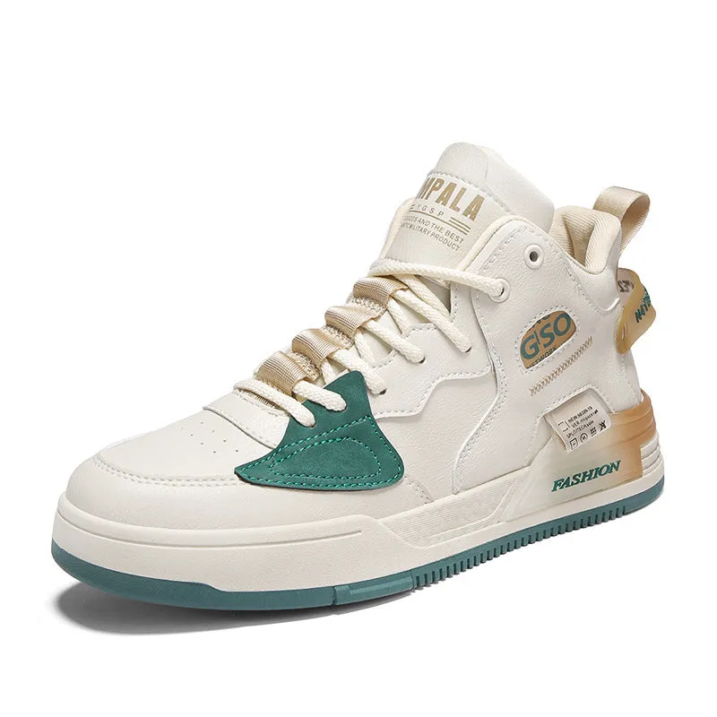 Men's canvas high-top sports casual shoes in khaki with PU upper, rubber sole, and slingback design on a white background.