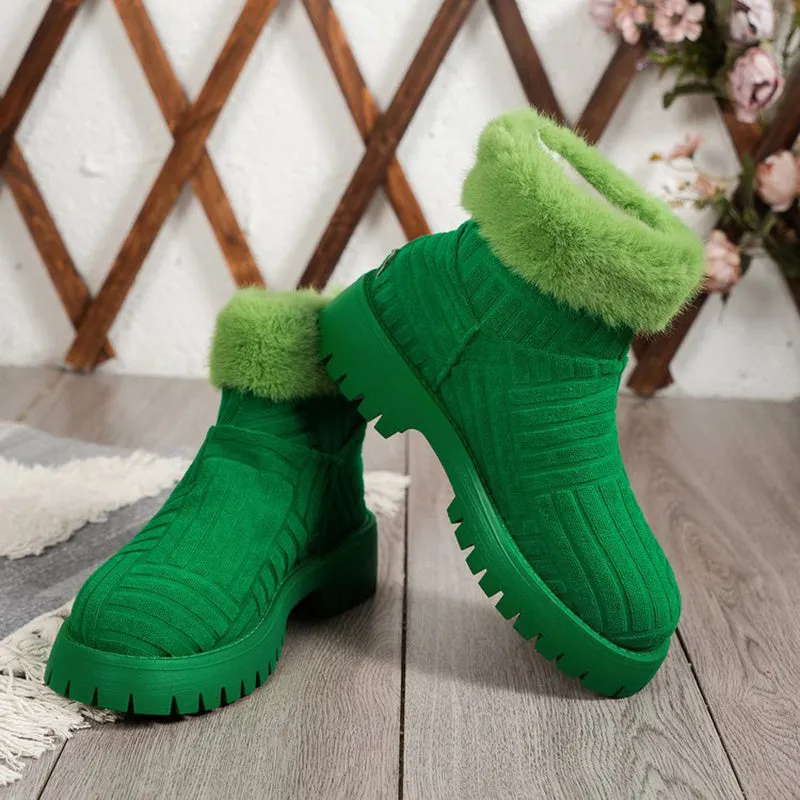 Women's winter ankle boots in green with artificial PU upper, thick rubber sole, and plush cotton lining