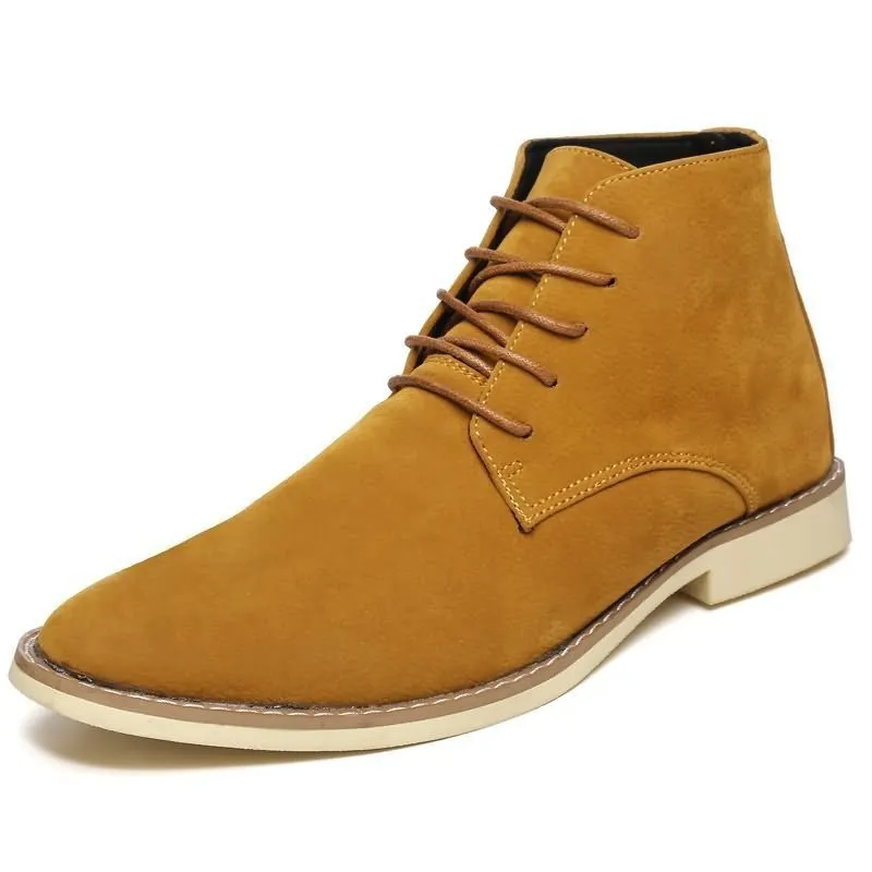 Large men's Martin boots in black with reverse suede vamp, pointed toe, front lacing, and thick heel