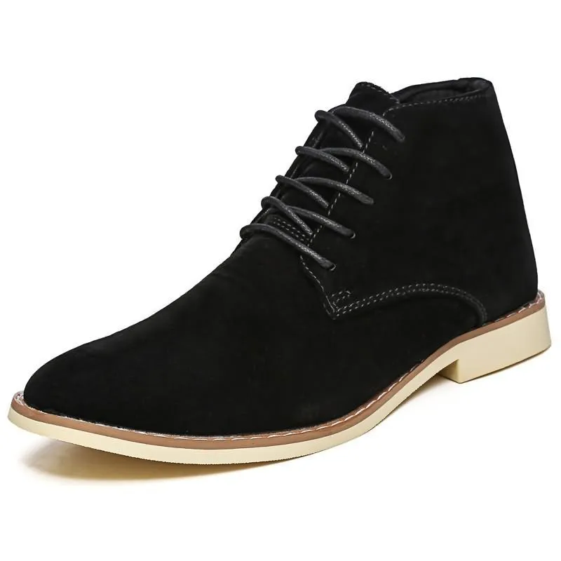 Large men's Martin boots in black with reverse suede vamp, pointed toe, front lacing, and thick heel