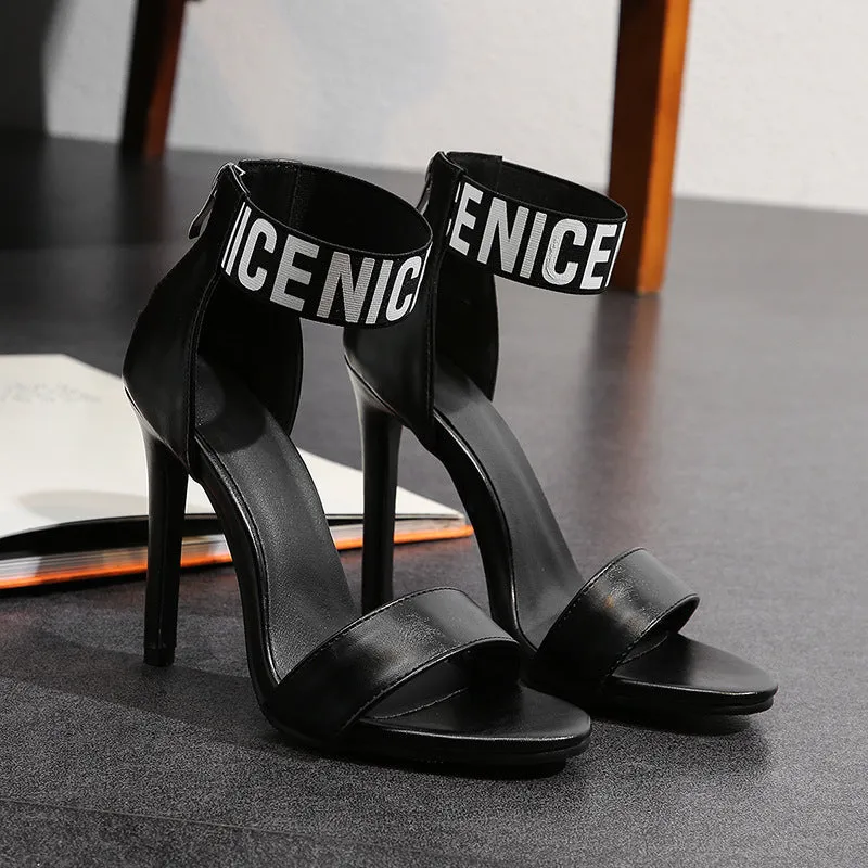 High heel stiletto sandals open toe with buckle strap in black artificial PU
