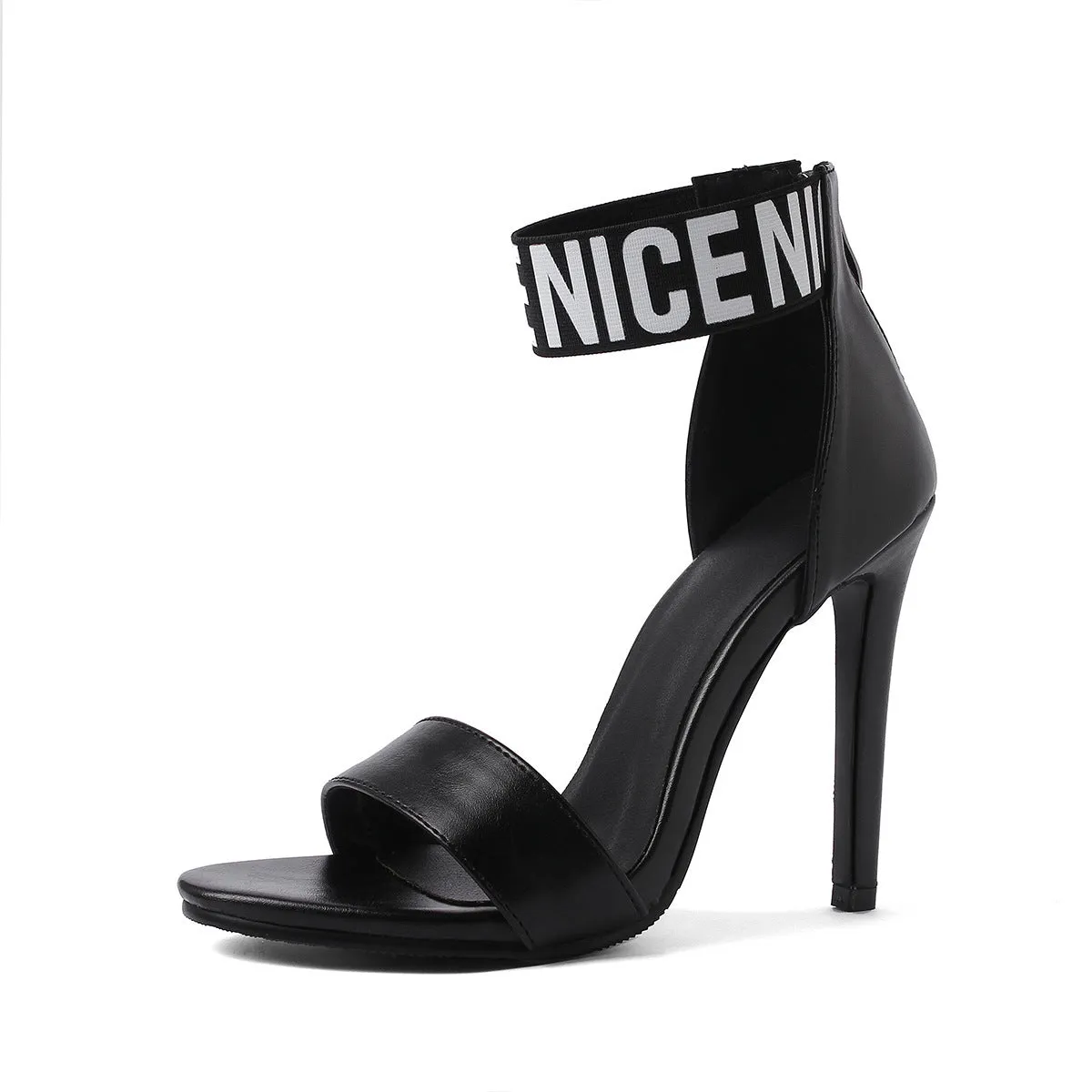 High heel stiletto sandals open toe with buckle strap in black artificial PU