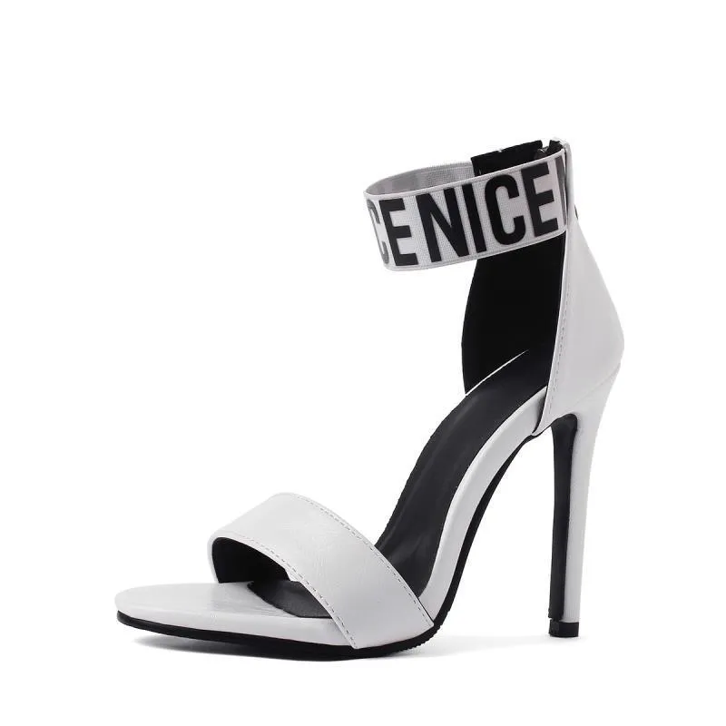 High heel stiletto sandals open toe with buckle strap in black artificial PU