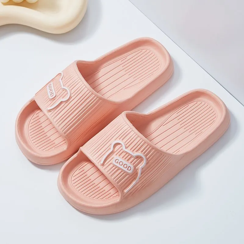 Cartoon bear EVA slippers in lemon yellow, open toe, non-slip sole, for bathroom house use