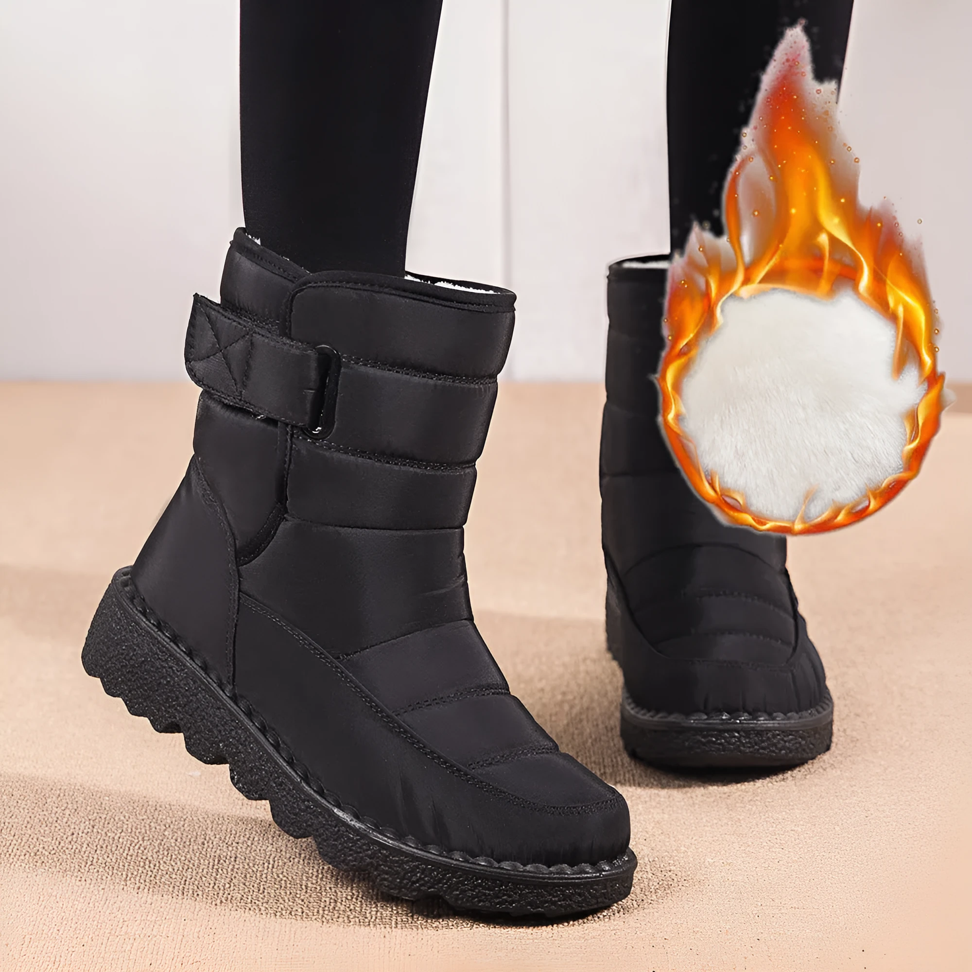 Women's waterproof snow boots with canvas upper, PU sole, buckle closure, and belt decoration