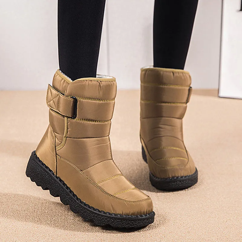 Women's waterproof snow boots with canvas upper, PU sole, buckle closure, and belt decoration