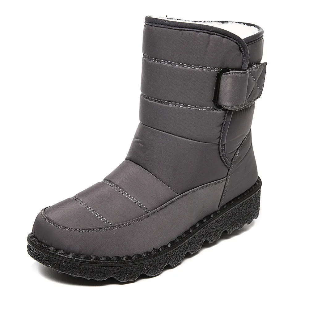 Women's waterproof snow boots with canvas upper, PU sole, buckle closure, and belt decoration
