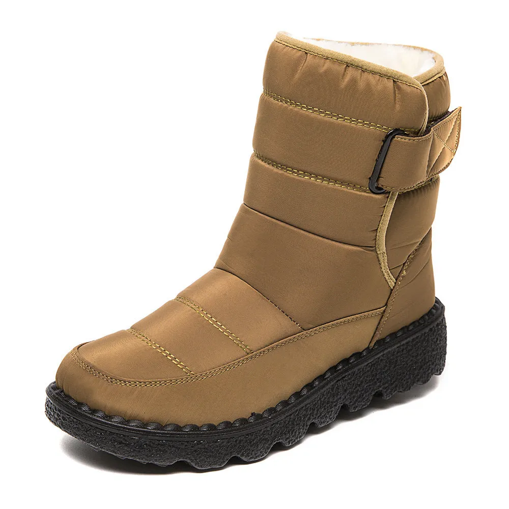 Women's waterproof snow boots with canvas upper, PU sole, buckle closure, and belt decoration
