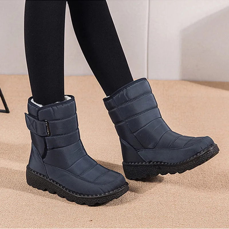 Women's waterproof snow boots with canvas upper, PU sole, buckle closure, and belt decoration