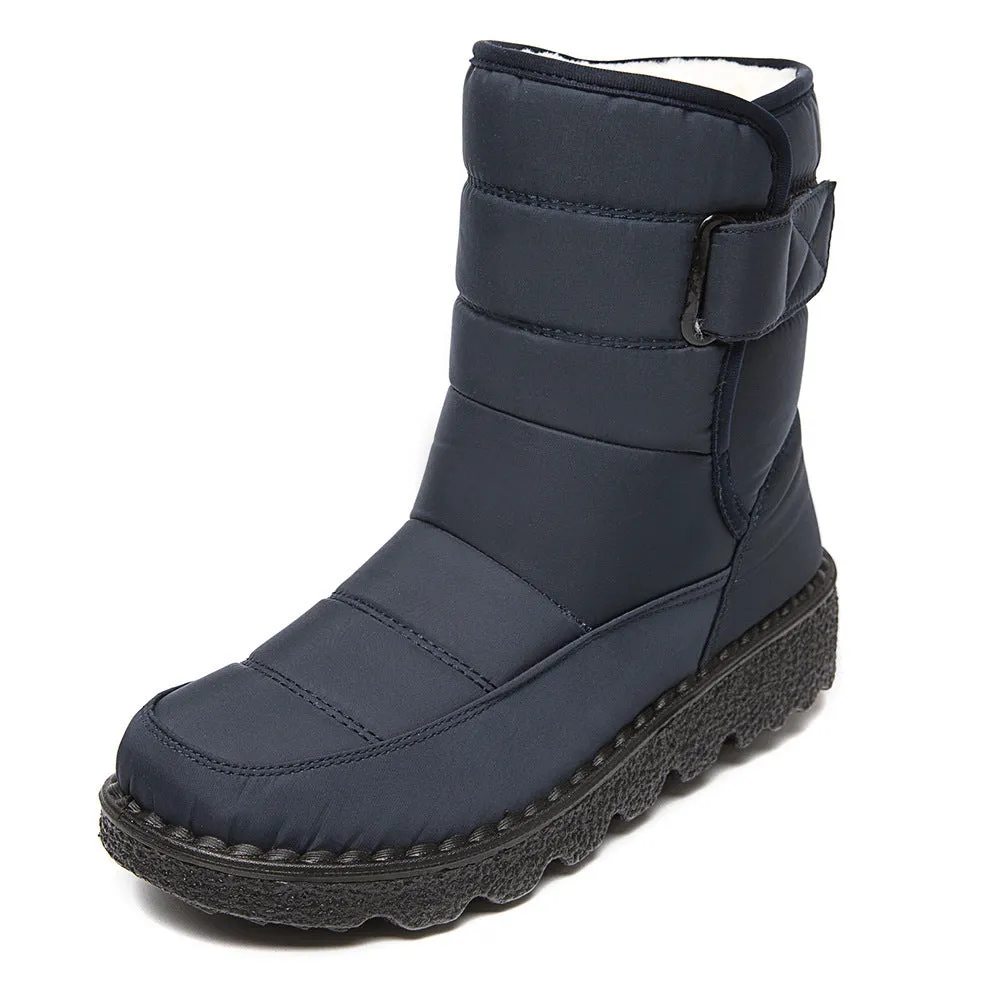 Women's waterproof snow boots with canvas upper, PU sole, buckle closure, and belt decoration