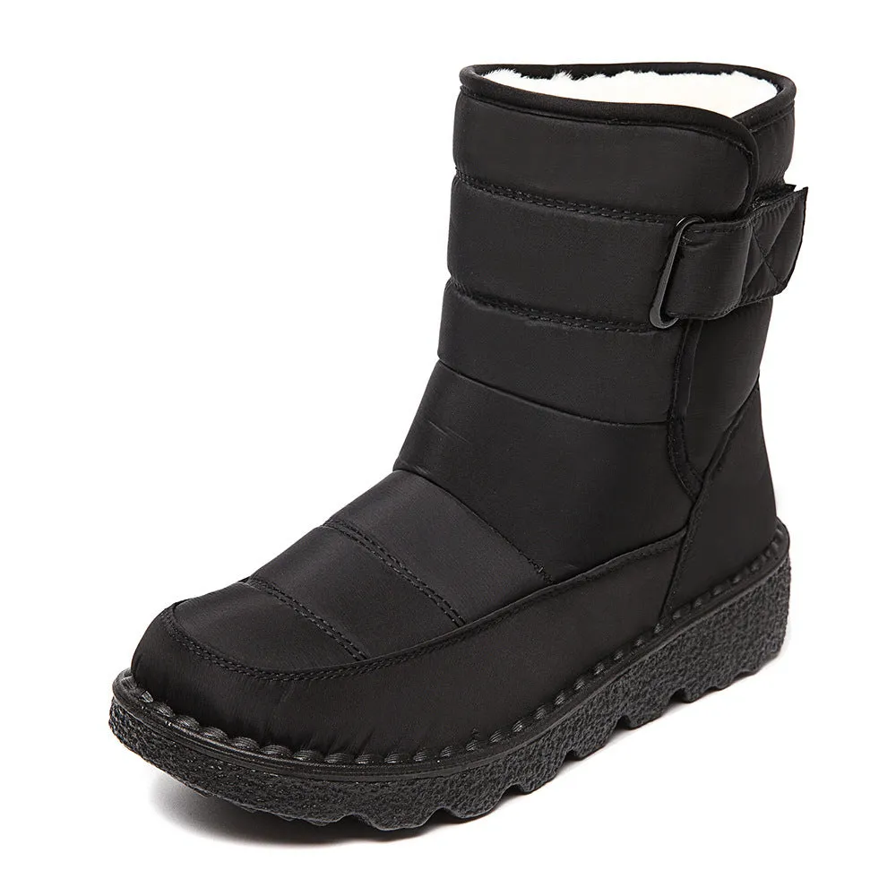 Women's waterproof snow boots with canvas upper, PU sole, buckle closure, and belt decoration