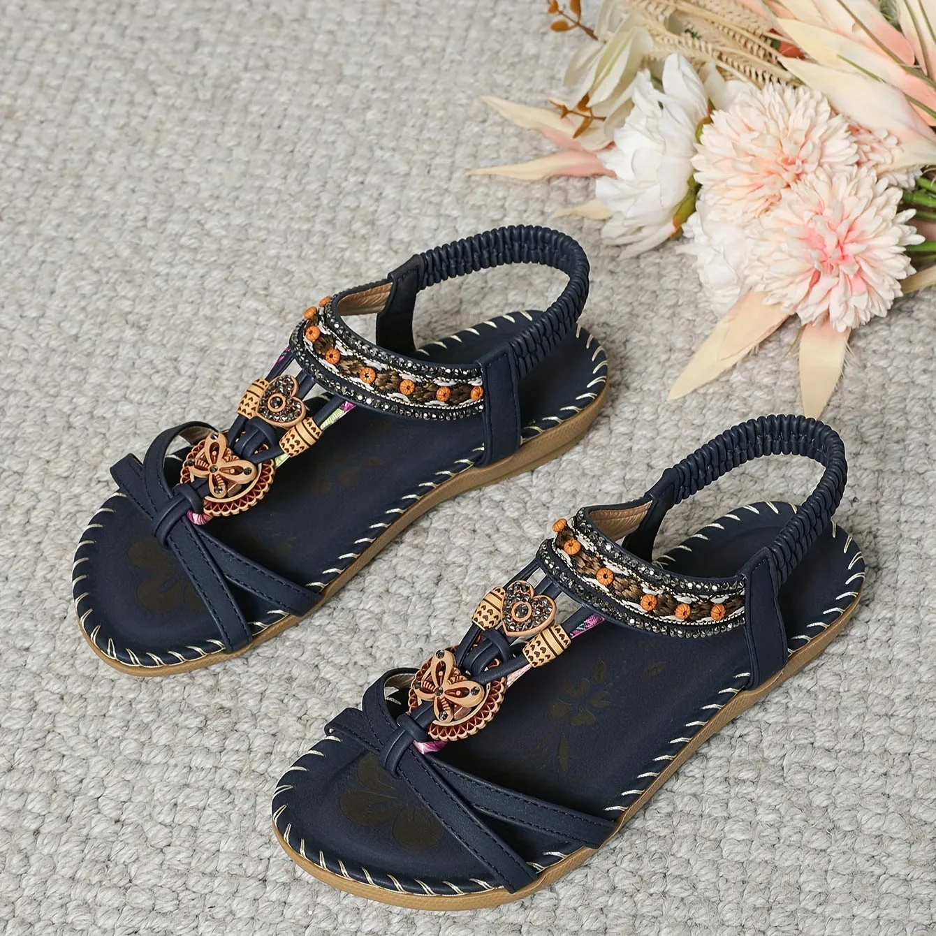 Women's bohemian thong sandals with rhinestone beads and elastic band, flat beach shoes in apricot colour