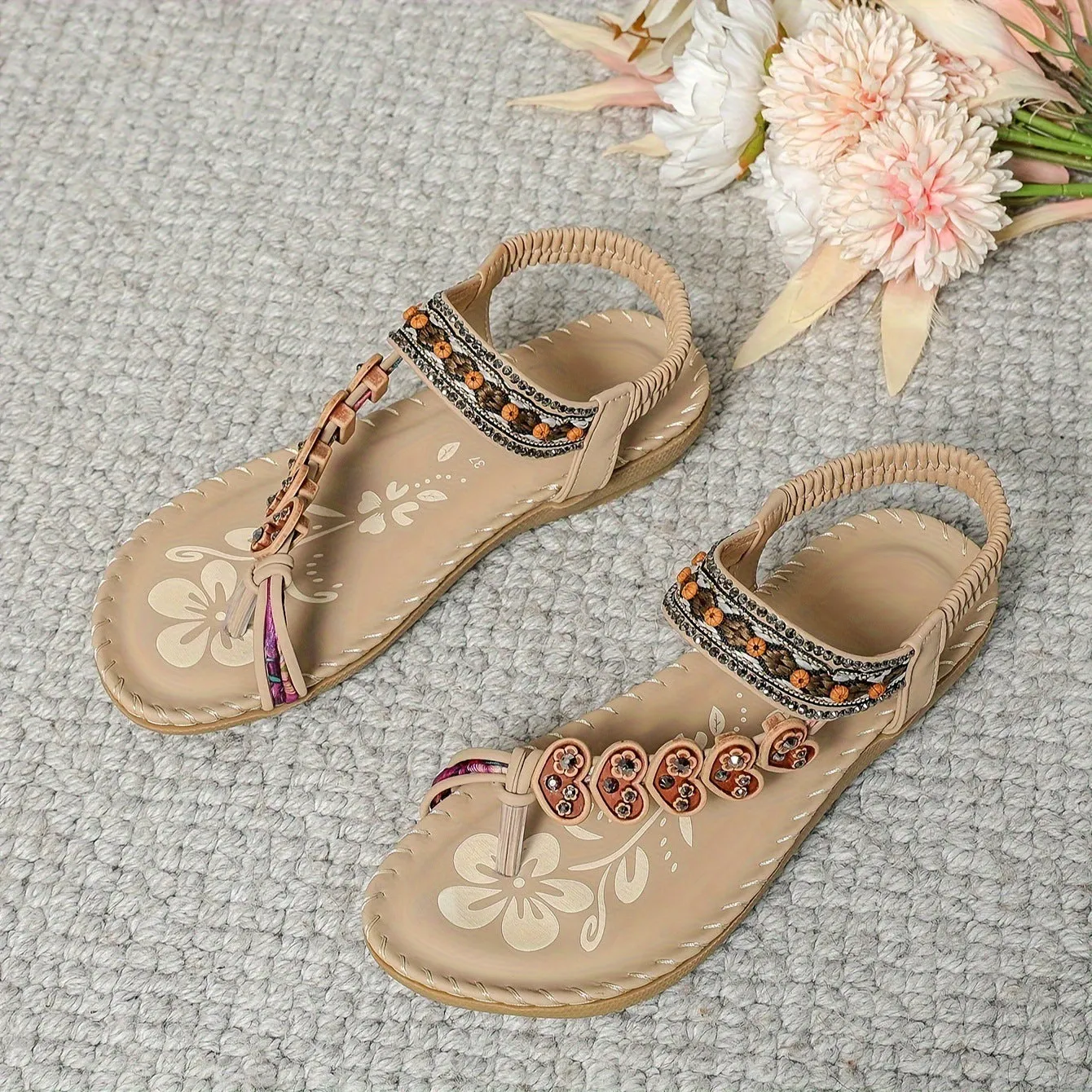 Women's bohemian thong sandals with rhinestone beads and elastic band, flat beach shoes in apricot colour