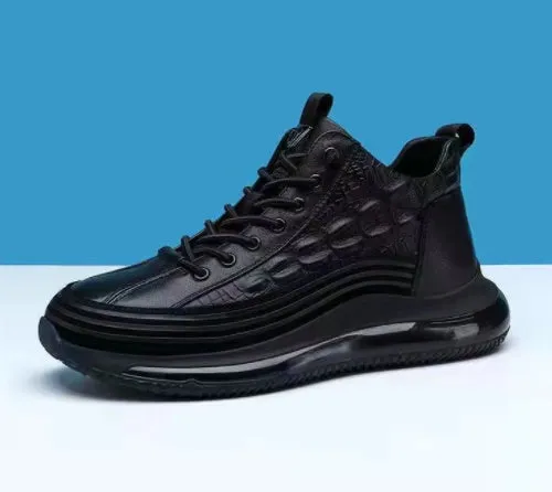 Men's warm air cushion high-top shoes with pattern elastic band, available in black and brown colours