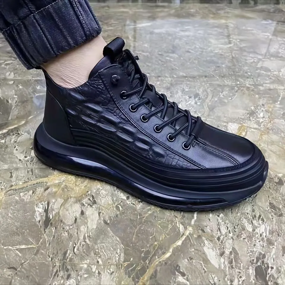 Men's warm air cushion high-top shoes with pattern elastic band, available in black and brown colours