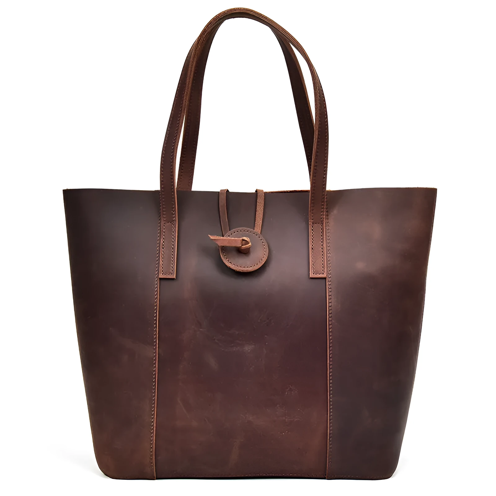 Women genuine crazy horse leather handbag clutch tote bag dark brown vertical square shape soft handle inner patch pocket 34x15x33cm