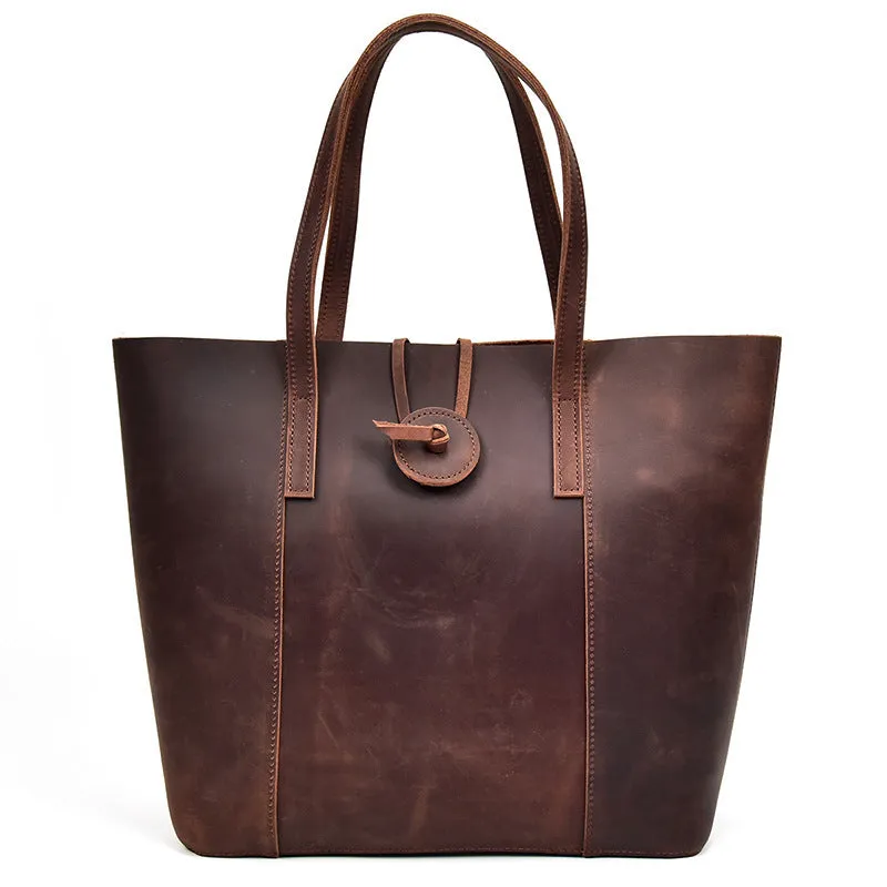 Women genuine crazy horse leather handbag clutch tote bag dark brown vertical square shape soft handle inner patch pocket 34x15x33cm