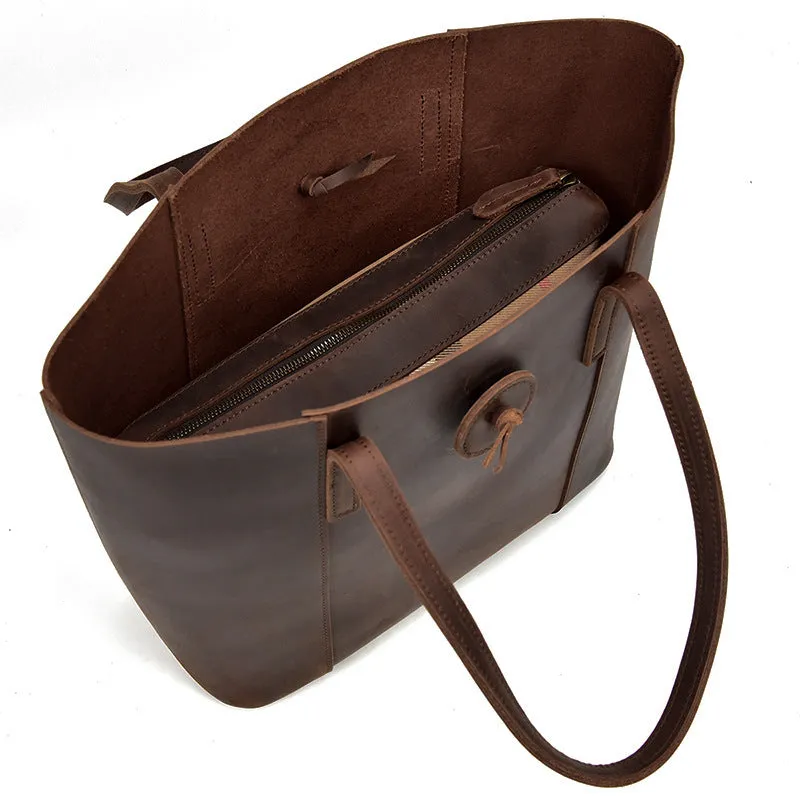 Women genuine crazy horse leather handbag clutch tote bag dark brown vertical square shape soft handle inner patch pocket 34x15x33cm